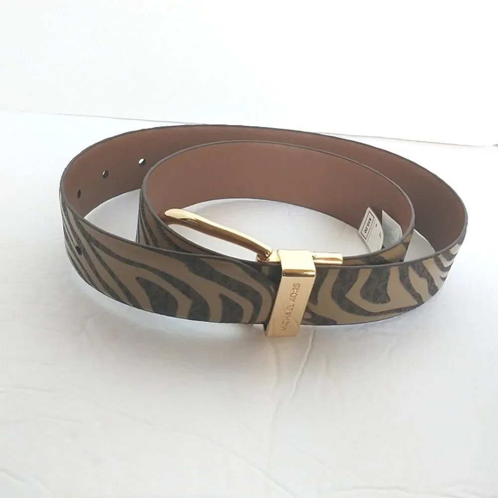 New! MICHAEL KORS Reversible Leather Belt Zebra Print Gold-tone Logo Buckle SM